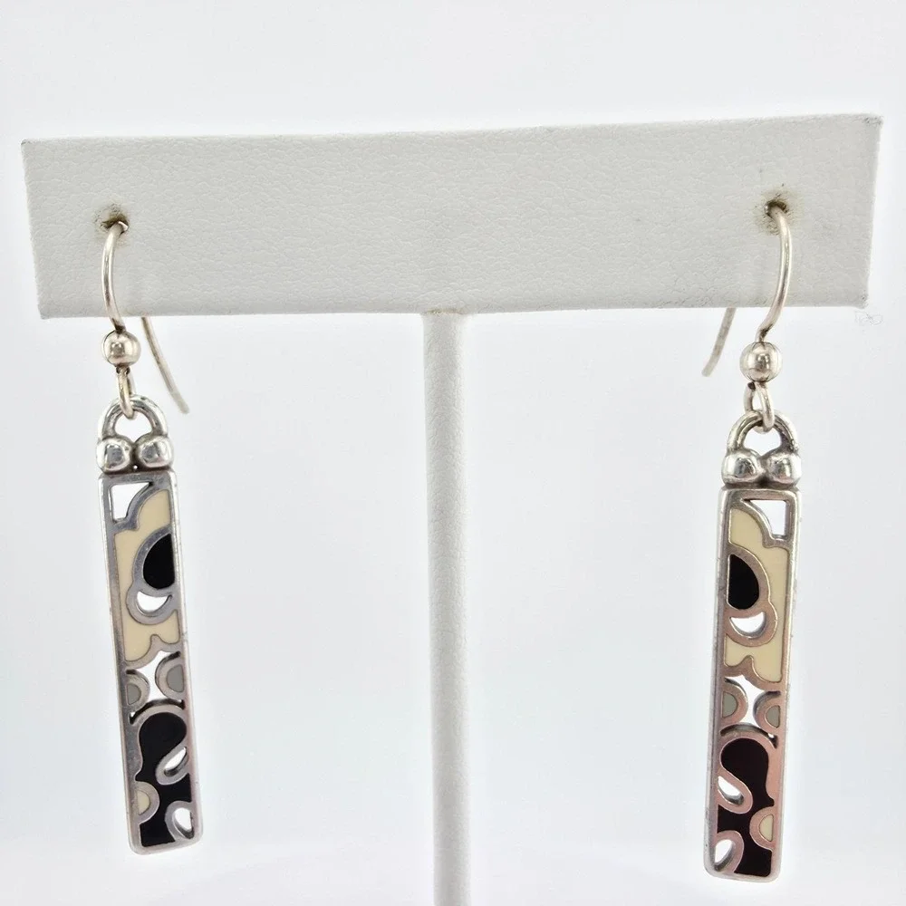 BRIGHTON 'Spring Hill' Earrings Black Cream Enamel Etched Drop Silver Plate 2
